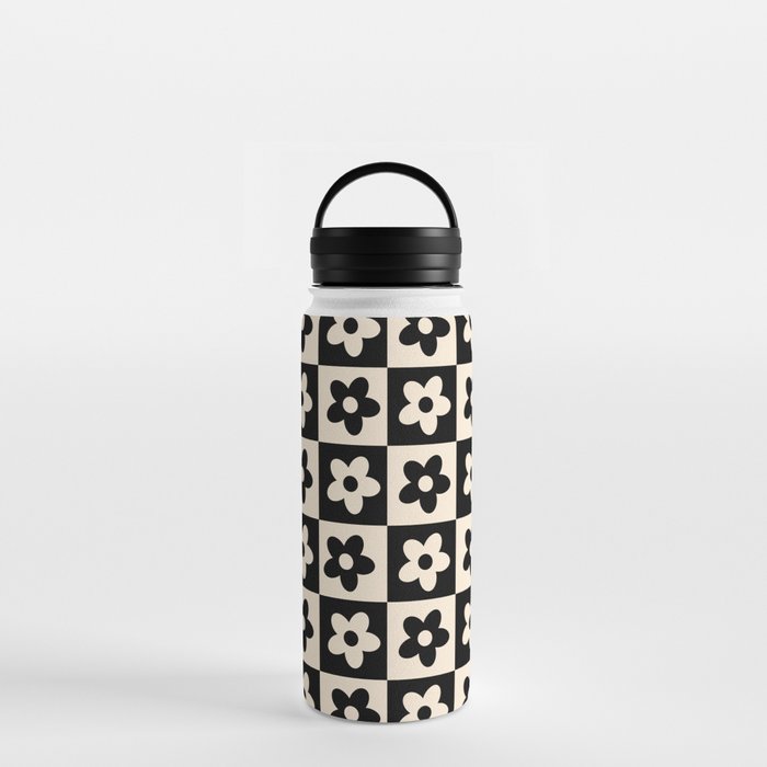 90s flowers checkers cream and black Water Bottle