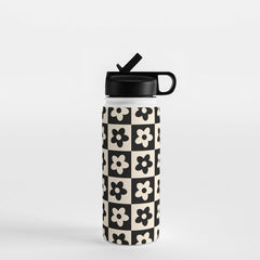 90s flowers checkers cream and black Water Bottle