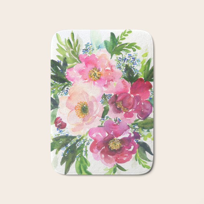 5 pink peonies in watercolor Bath Mat