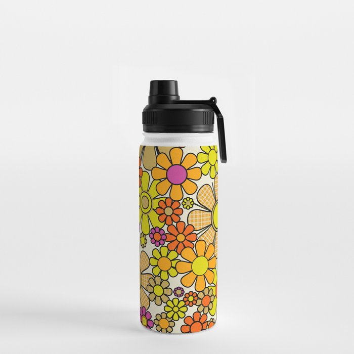 70s Retro Flowers Gingham Floral Pattern Orange Yellow Cream Water Bottle