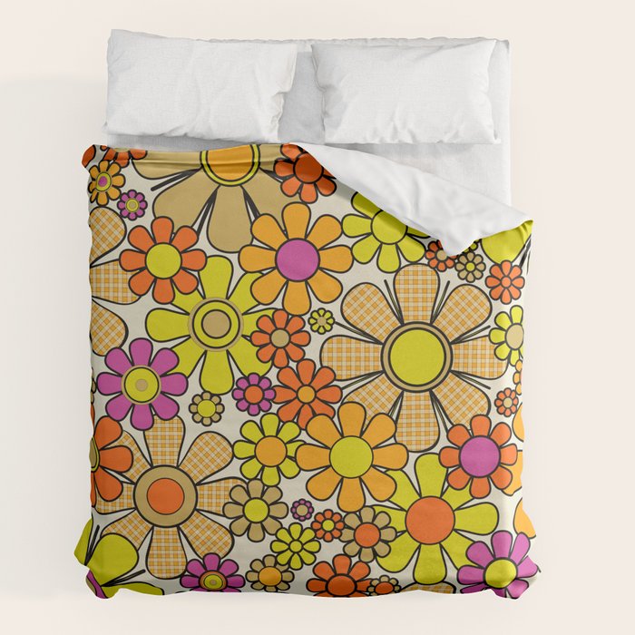 70s Retro Flowers Gingham Floral Pattern Orange Yellow Cream Duvet Cover