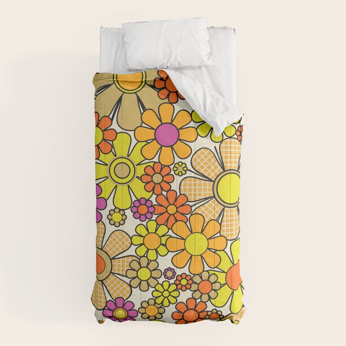 70s Retro Flowers Gingham Floral Pattern Orange Yellow Cream Comforter