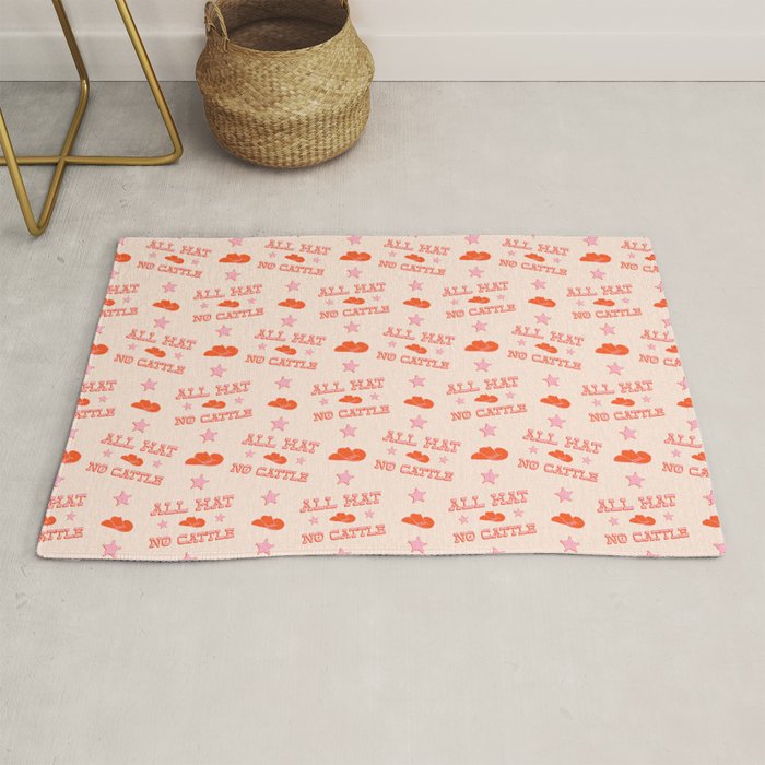 "All hat no cattle" in pink and orange retro western letters Rug