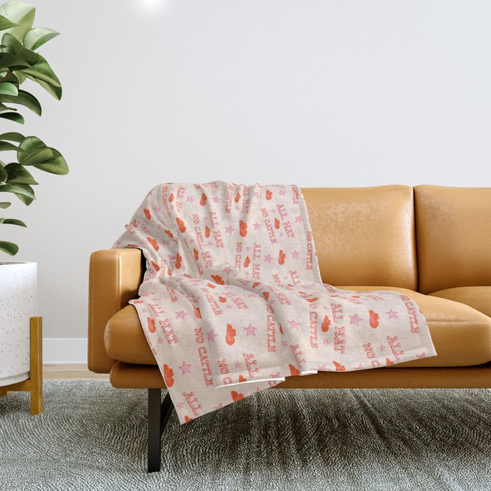 "All hat no cattle" in pink and orange retro western letters Throw Blanket