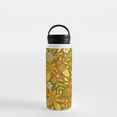 1970s Retro Flowers Pattern in Yellow, Orange & Olive Green Water Bottle