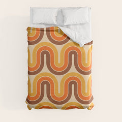 70s Retro Vintage Style Wave Pattern Autumn Brown Orange and Yellow Duvet Cover