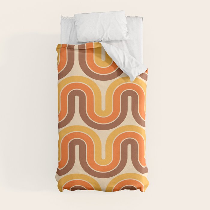 70s Retro Vintage Style Wave Pattern Autumn Brown Orange and Yellow Duvet Cover