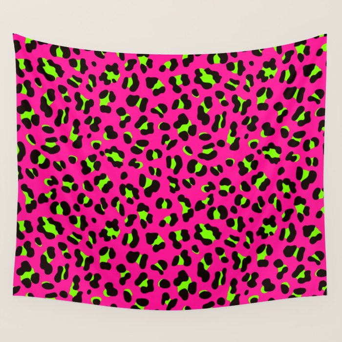 80s Neon Pink and Lime Green Leopard Wall Tapestry