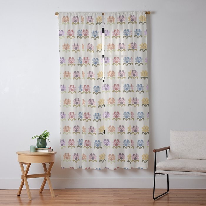 70s Retro Florals Pattern with Linen Texture Window Curtain