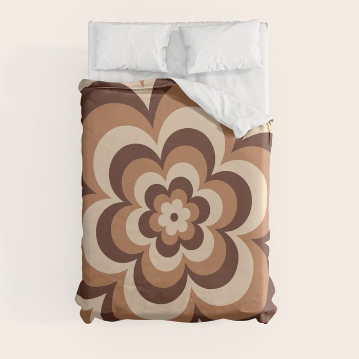 70s Retro Flower Power in Coffee Brown Duvet Cover