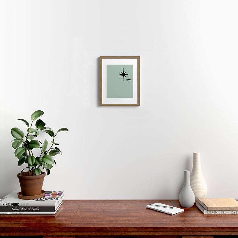 1950s Atomic Age Minimalist Starburst Pair in Black and 50s Celadon Teal Solid Framed Art Print