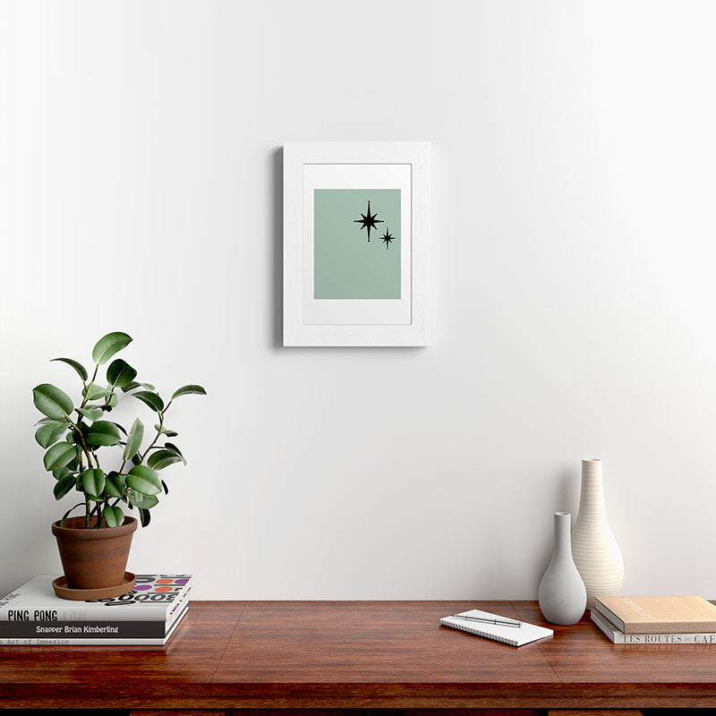 1950s Atomic Age Minimalist Starburst Pair in Black and 50s Celadon Teal Solid Framed Art Print
