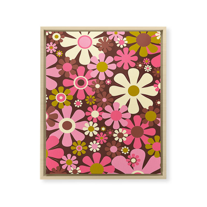 60s 70s Retro Floral Garden Cheerful Flower Pattern in Brown Pink Avocado Framed Canvas Print