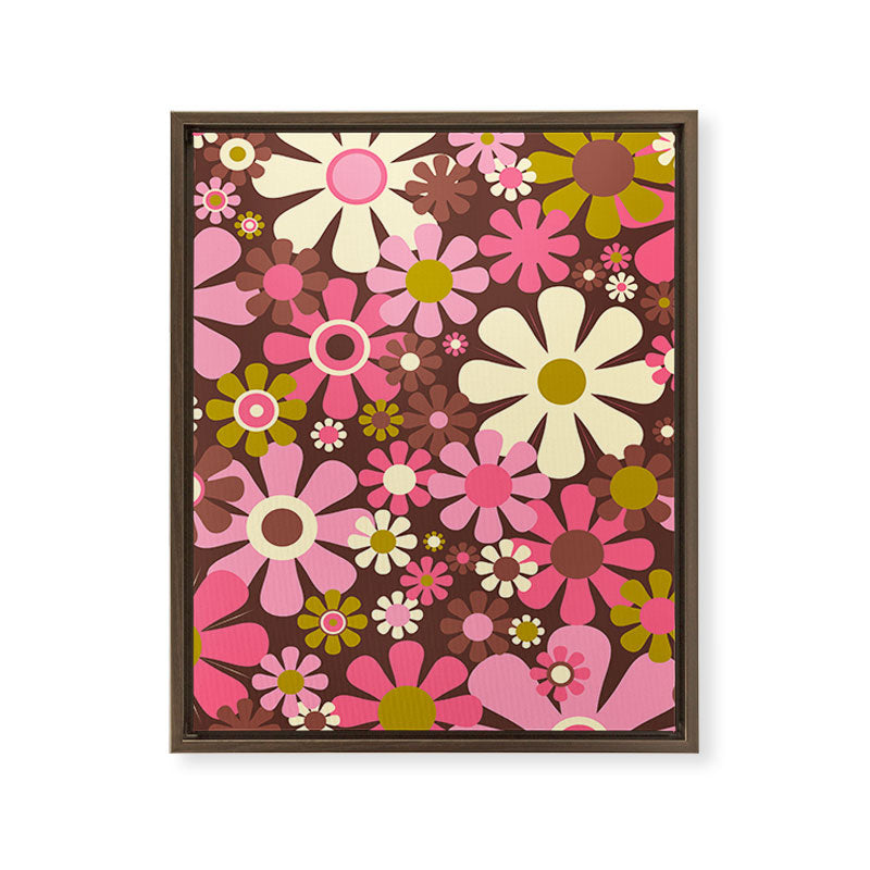 60s 70s Retro Floral Garden Cheerful Flower Pattern in Brown Pink Avocado Framed Canvas Print