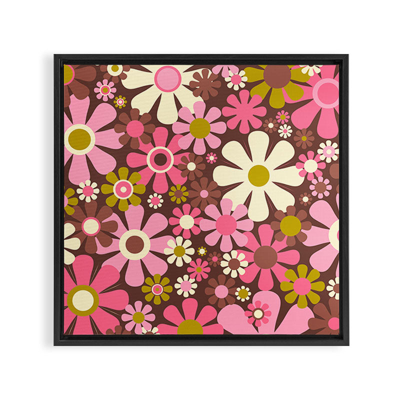 60s 70s Retro Floral Garden Cheerful Flower Pattern in Brown Pink Avocado Framed Canvas Print