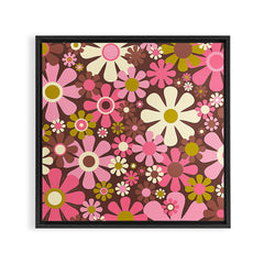 60s 70s Retro Floral Garden Cheerful Flower Pattern in Brown Pink Avocado Framed Canvas Print