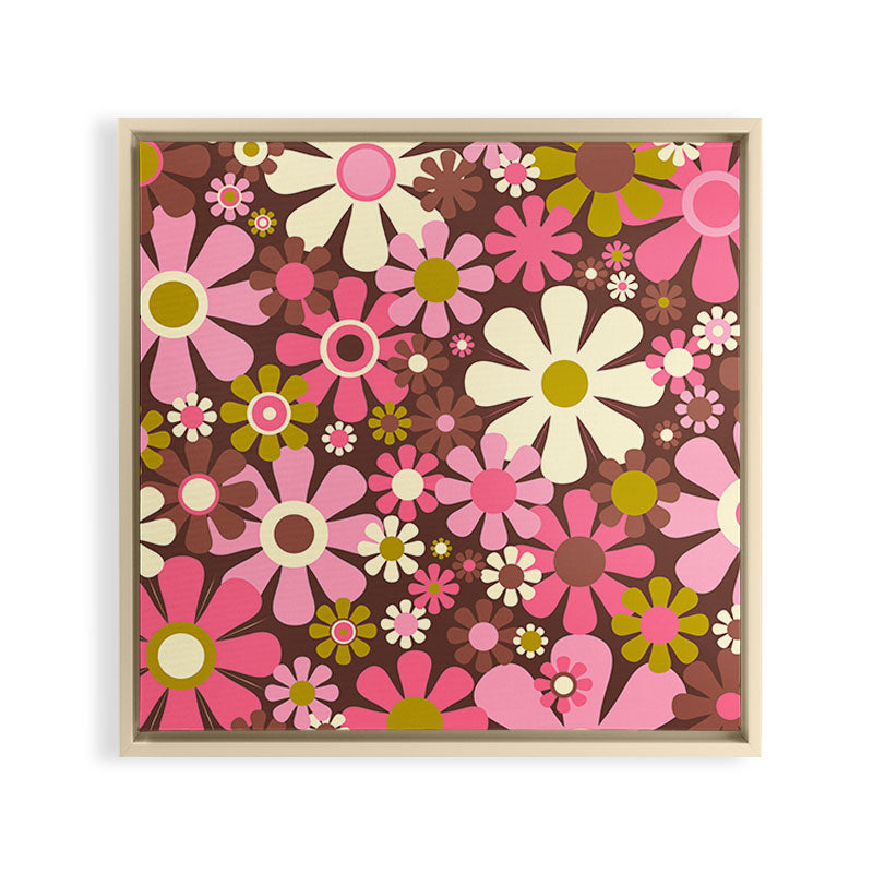 60s 70s Retro Floral Garden Cheerful Flower Pattern in Brown Pink Avocado Framed Canvas Print