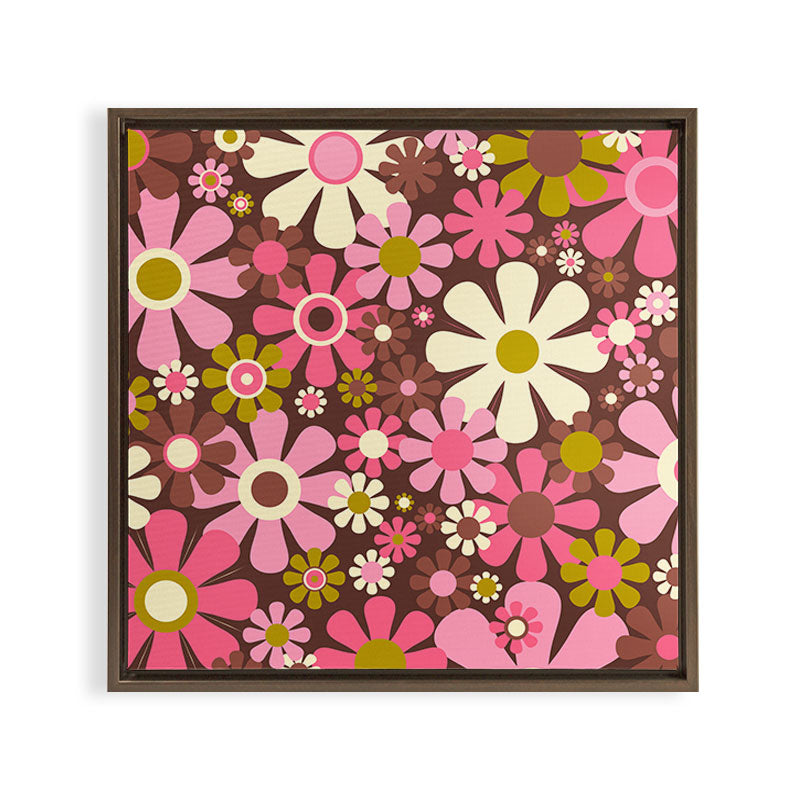 60s 70s Retro Floral Garden Cheerful Flower Pattern in Brown Pink Avocado Framed Canvas Print