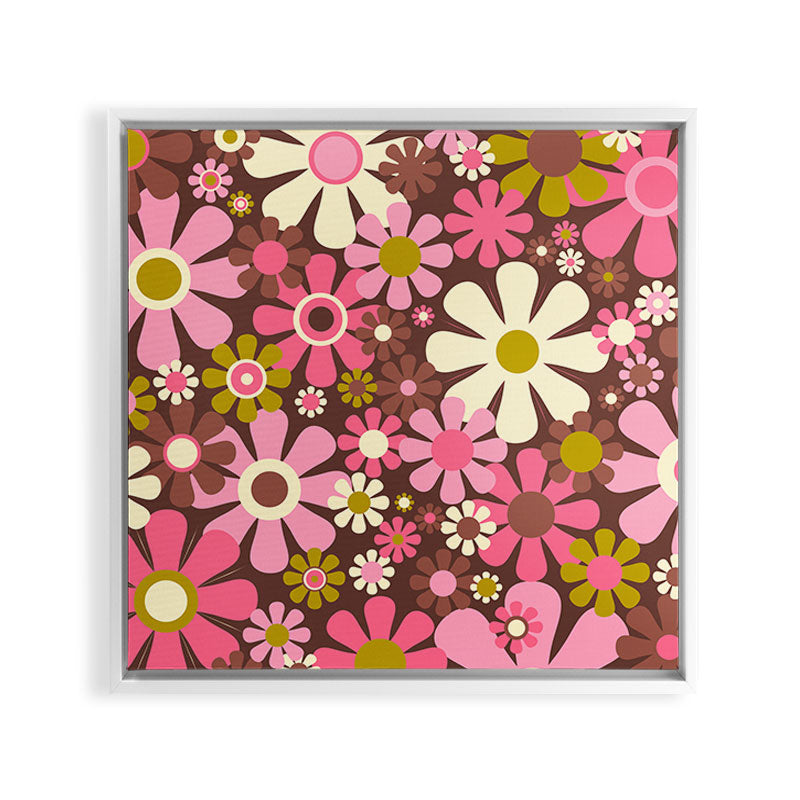 60s 70s Retro Floral Garden Cheerful Flower Pattern in Brown Pink Avocado Framed Canvas Print
