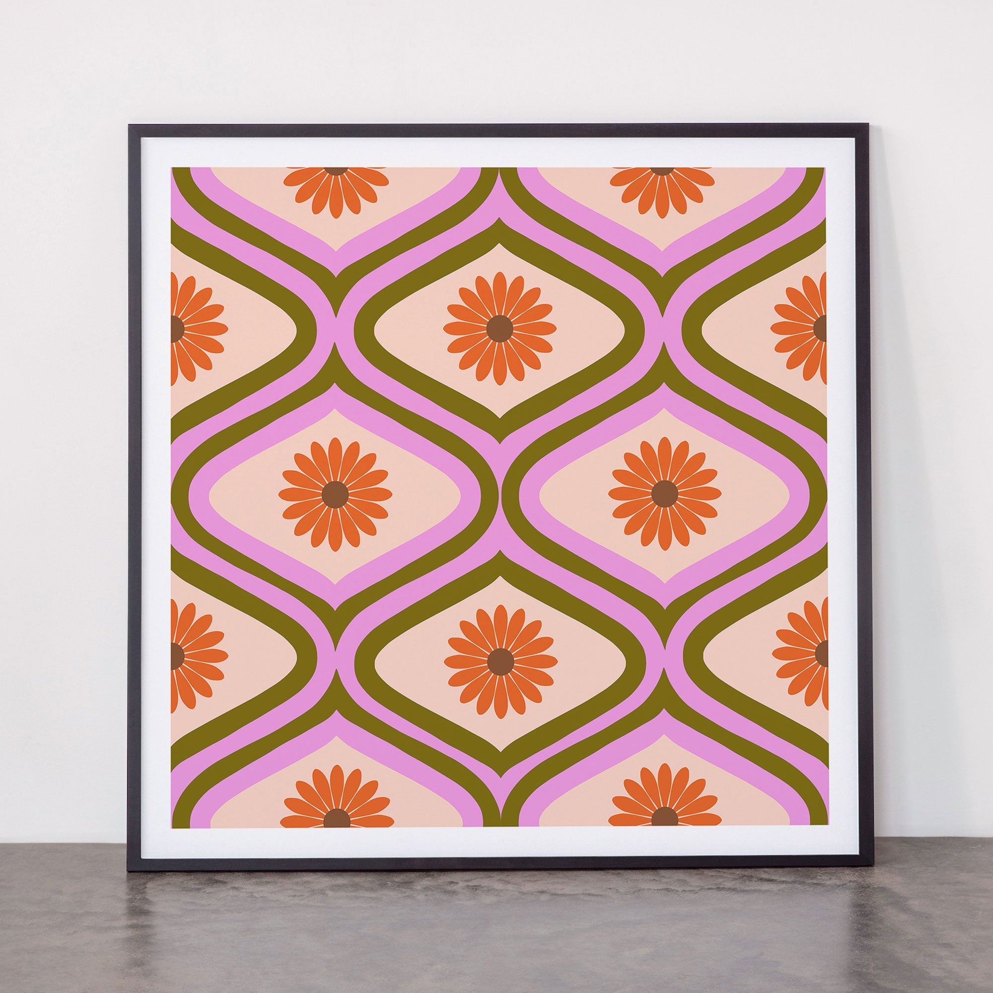 70s Disco Daisy Flower Pattern Framed Art Print
