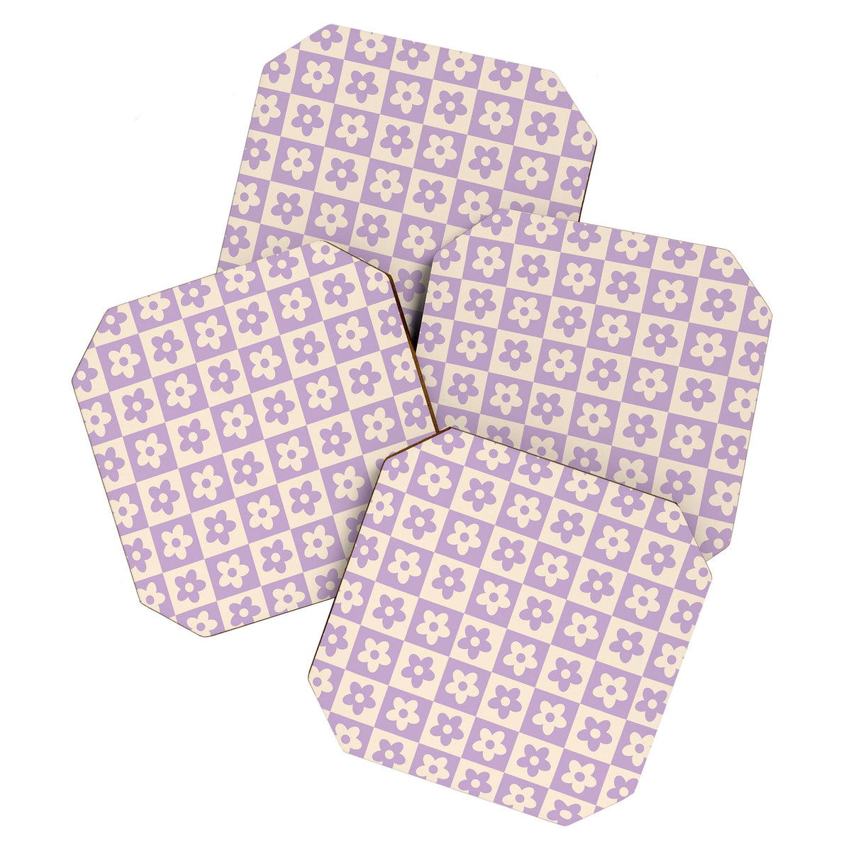 90s flowers checkers cream and lilac Coaster