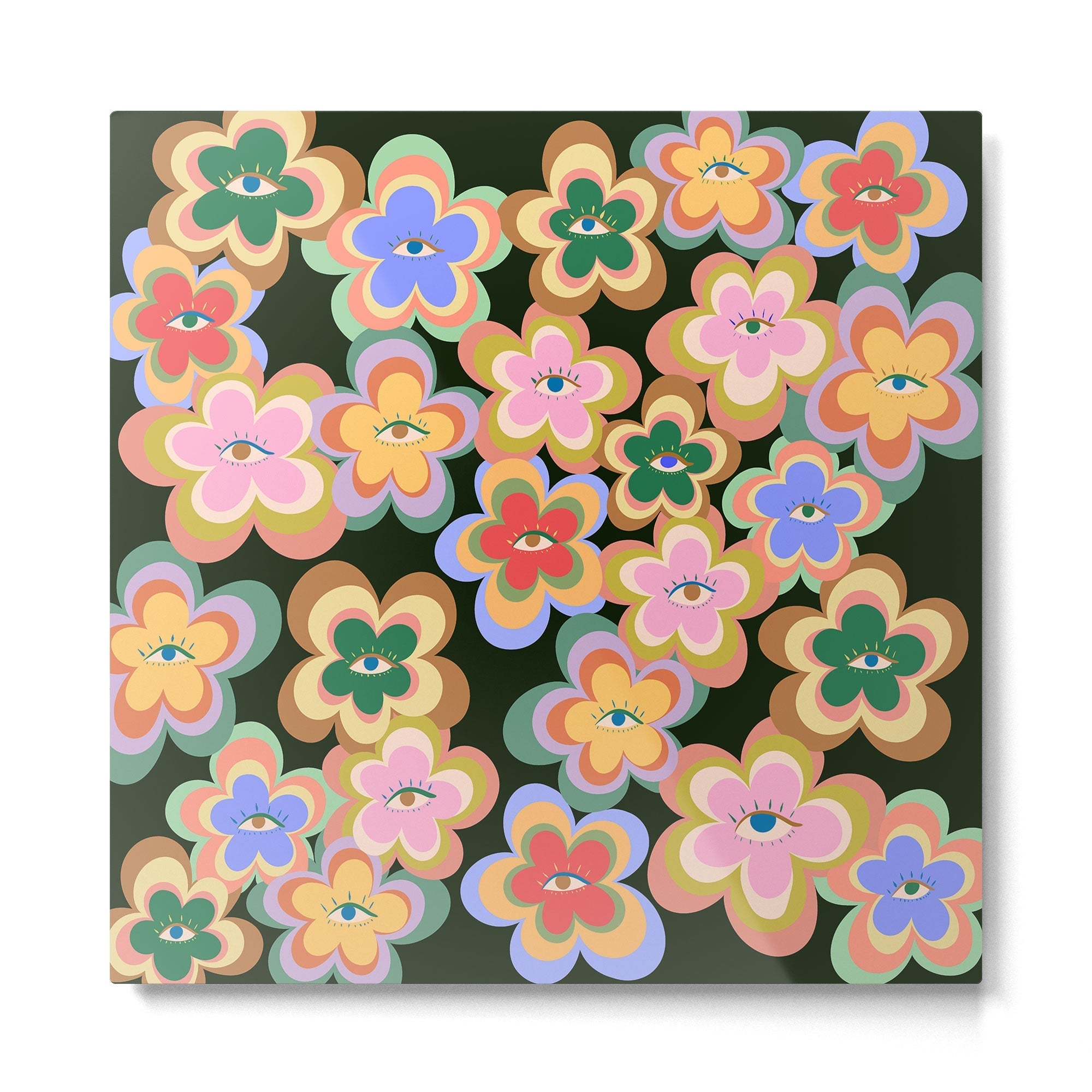 70s Evil Eye Flower Pattern in dark green Metal Print