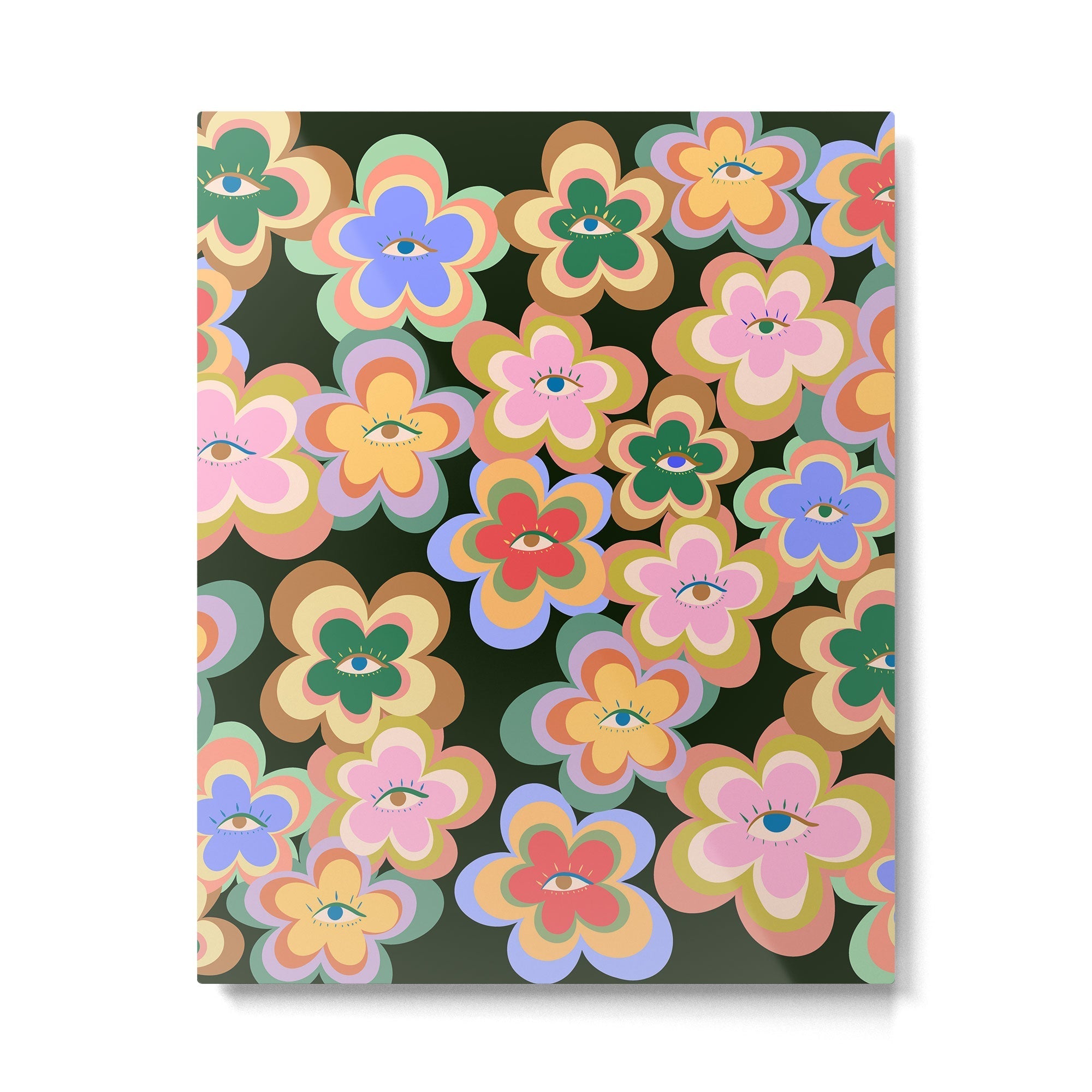 70s Evil Eye Flower Pattern in dark green Metal Print
