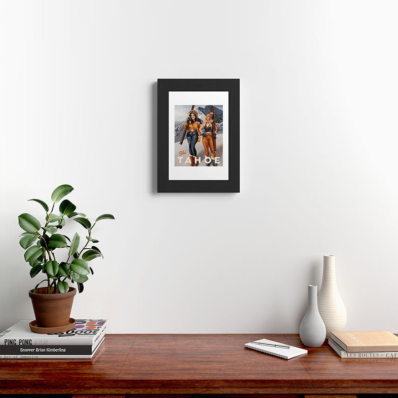 "Ski Tahoe" Cute Pinup Girls Skiing Wall Art Framed Art Print
