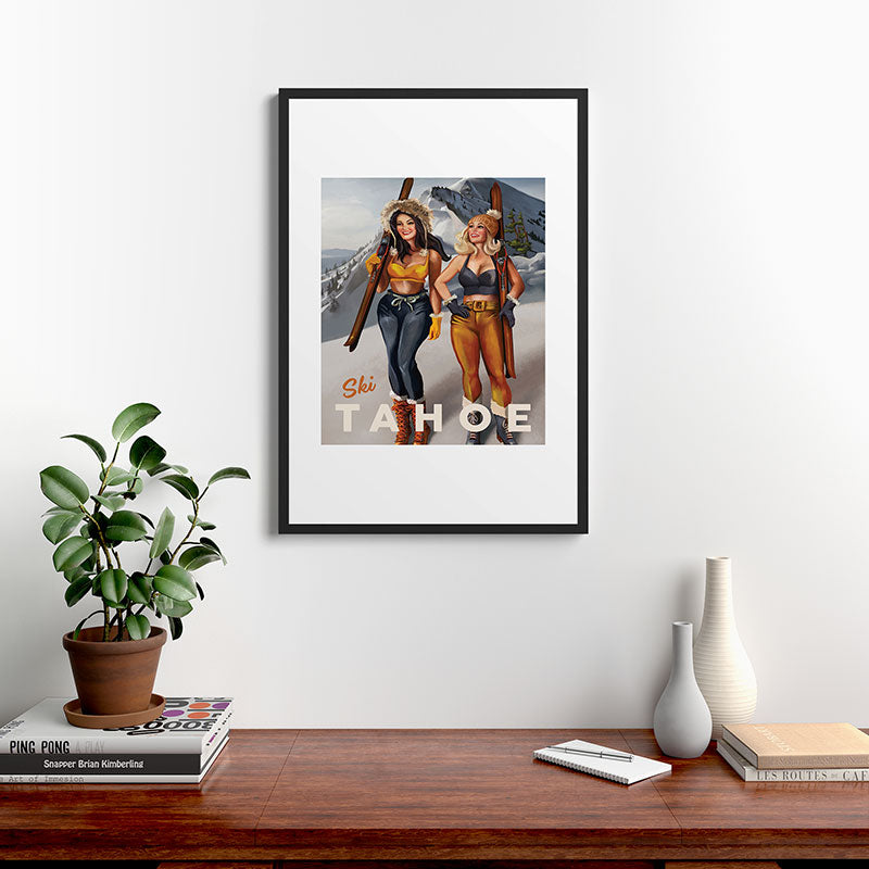 "Ski Tahoe" Cute Pinup Girls Skiing Wall Art Framed Art Print