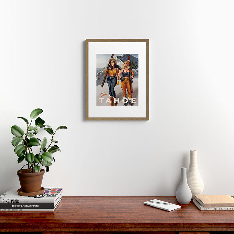 "Ski Tahoe" Cute Pinup Girls Skiing Wall Art Framed Art Print